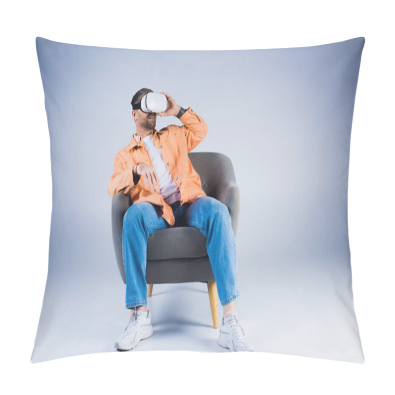 Personality  A Man Sits Comfortably In A Chair, Wearing A VR Headset , Lost In Thought In A Studio Setting. Pillow Covers