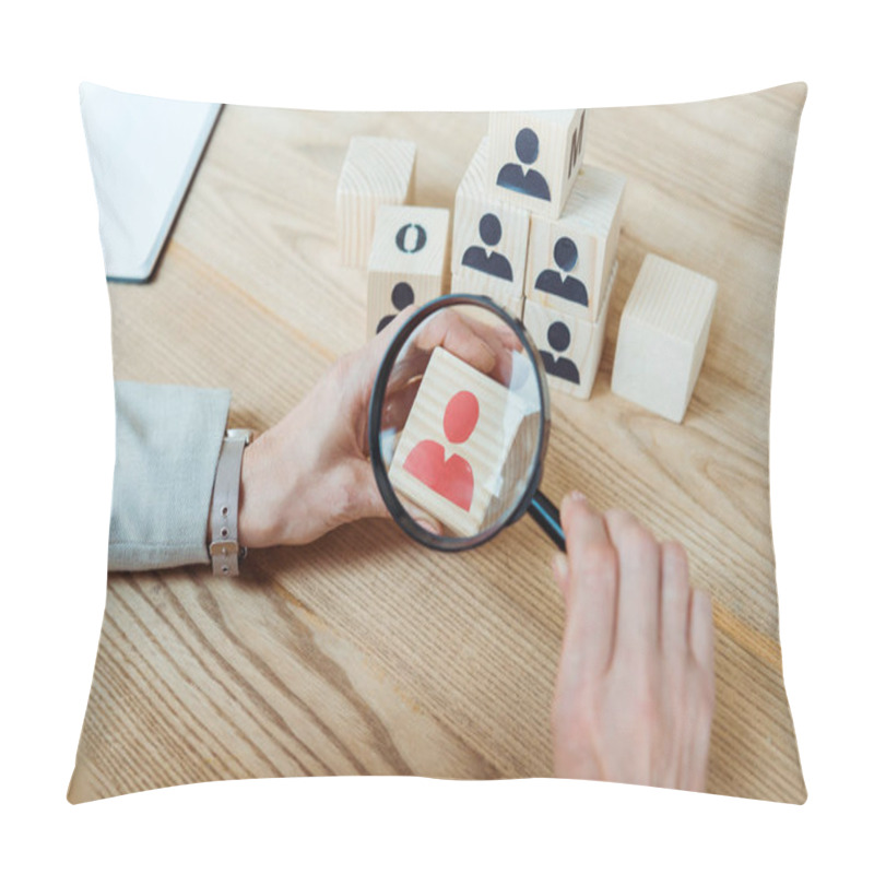 Personality  Cropped View Of Woman Holding Magnifier Near Wooden Cube  Pillow Covers