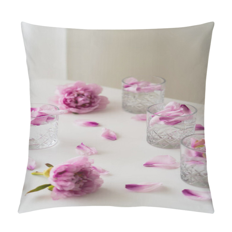 Personality  Crystal Glasses With Tonic And Floral Petals Near Pink Peonies On White Tabletop And Grey Background Pillow Covers