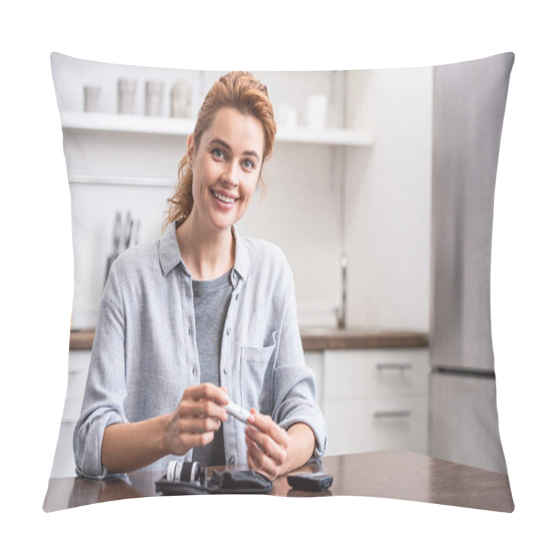 Personality  Selective Focus Of Cheerful Woman Holding Blood Lancet  Pillow Covers