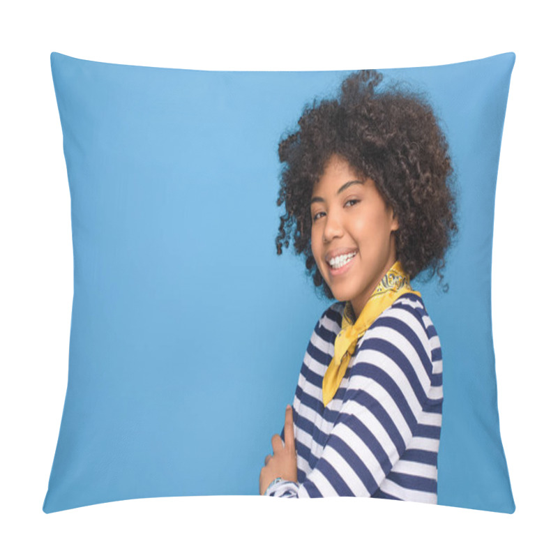 Personality  Cheerful African American Young Girl, Isolated On Blue Pillow Covers