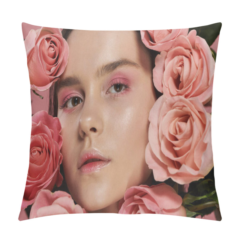 Personality  A Woman With Pink Eyeshadow Poses Surrounded By Pink Roses. Pillow Covers