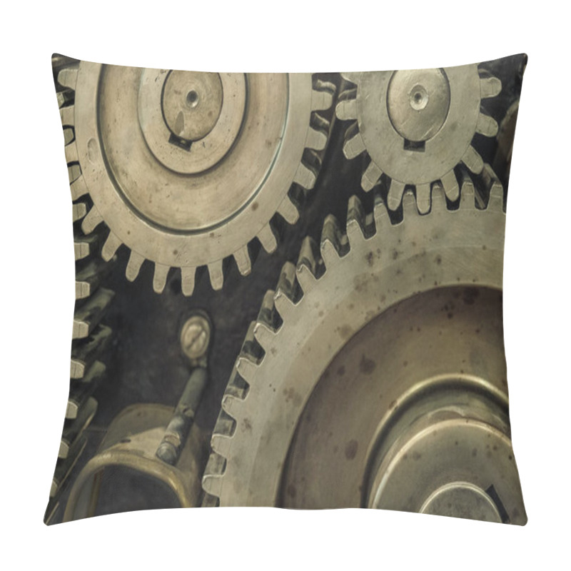 Personality  Old Steel Large Gears Close Up Background. Group Of Cogwheels Pillow Covers