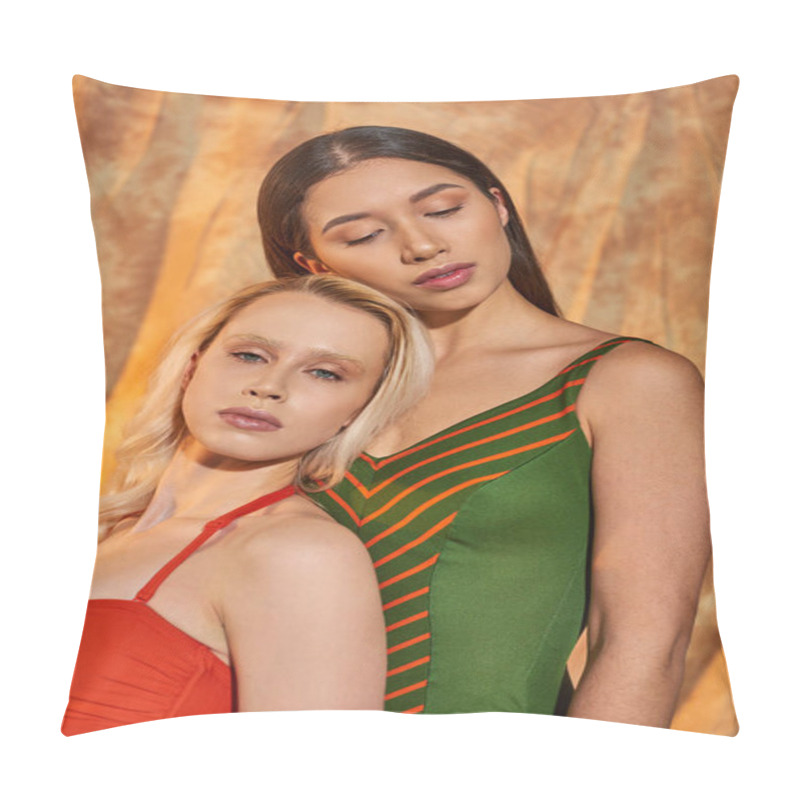 Personality  Portrait, Multiethnic Models In Swimwear Posing On Beige Backdrop With Drapery, Diversity And Style Pillow Covers