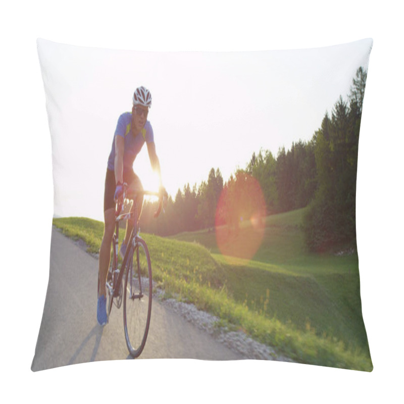 Personality  LENS FLARE: Sporty Cyclist On Road Bike Training On A Sunny Day In Pretty Green Nature. Athletically Built Caucasian Male With Sunglasses Rides His Road Bicycle Through Beautiful Spring Landscape. Pillow Covers