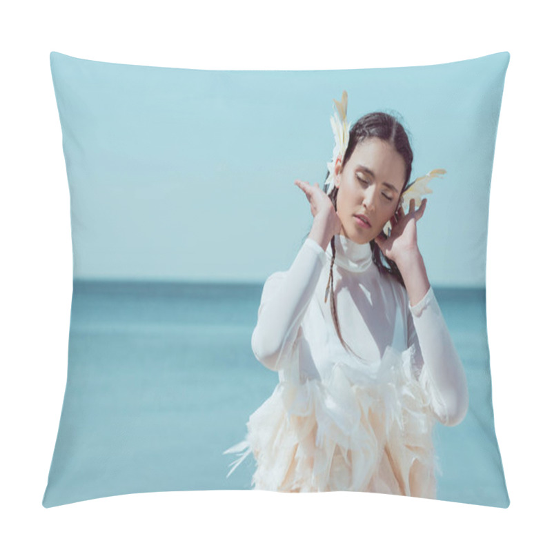 Personality  Tender Woman In White Swan Costume Standing On Blue River And Sky Background, Holding Hand Near Face Pillow Covers