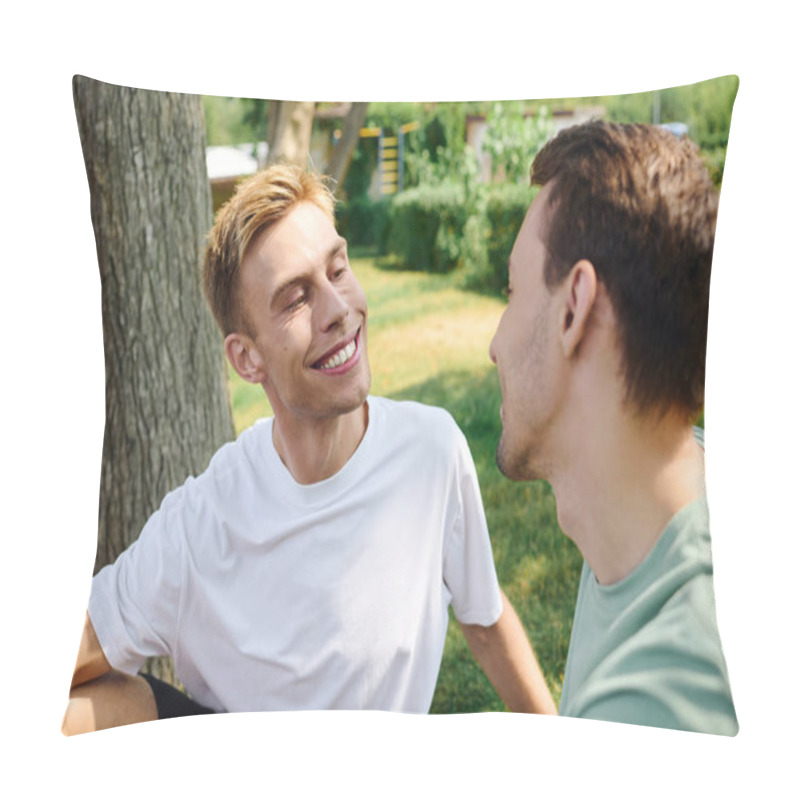 Personality  A Joyful Gay Couple Sits Together In A Lush Park, Sharing Smiles And Warmth In The Sunlight. Pillow Covers