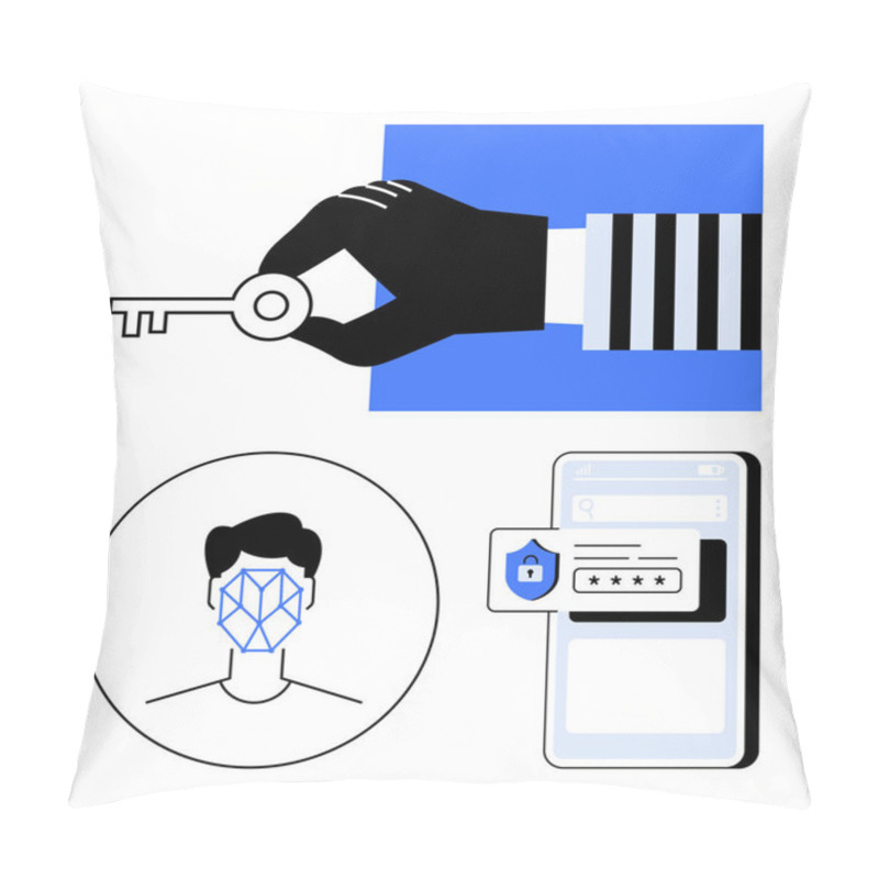 Personality  Hand Holding A Key, Facial Recognition Technology, And Secure Login Form With Password, Shield Icon. Ideal For Cybersecurity, Authentication, Privacy, Biometrics, Digital Safety Secure Access Pillow Covers