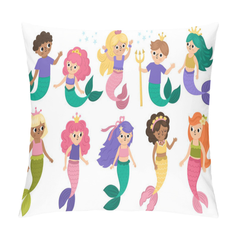 Personality  Vector Mermaids Set. Underwater Kingdom Collection With Ocean Princess, Prince. Cartoon Marine Fairytale Characters For Kids. Water Adventures Clipart With Sirens And Merme Pillow Covers