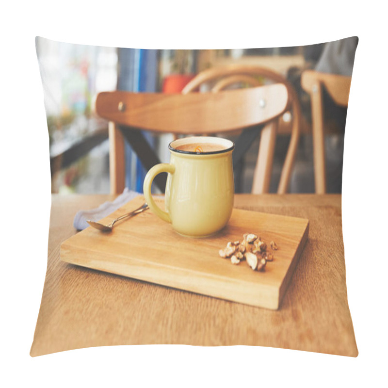 Personality  Hot Cocoa In Mug With Orange Peel Served On Wooden Board Pillow Covers