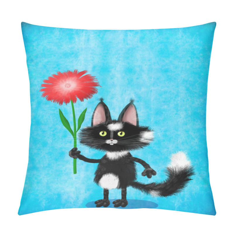 Personality  Black White Kitten Standing With Big Aster  Pillow Covers