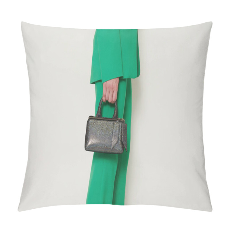 Personality  Girl In Green Suit With Shiny Black Handbag In Her Hand. Green Pants And Blazer With Fashionable Accessory. Horizontal Photo With Copy Space. Pillow Covers