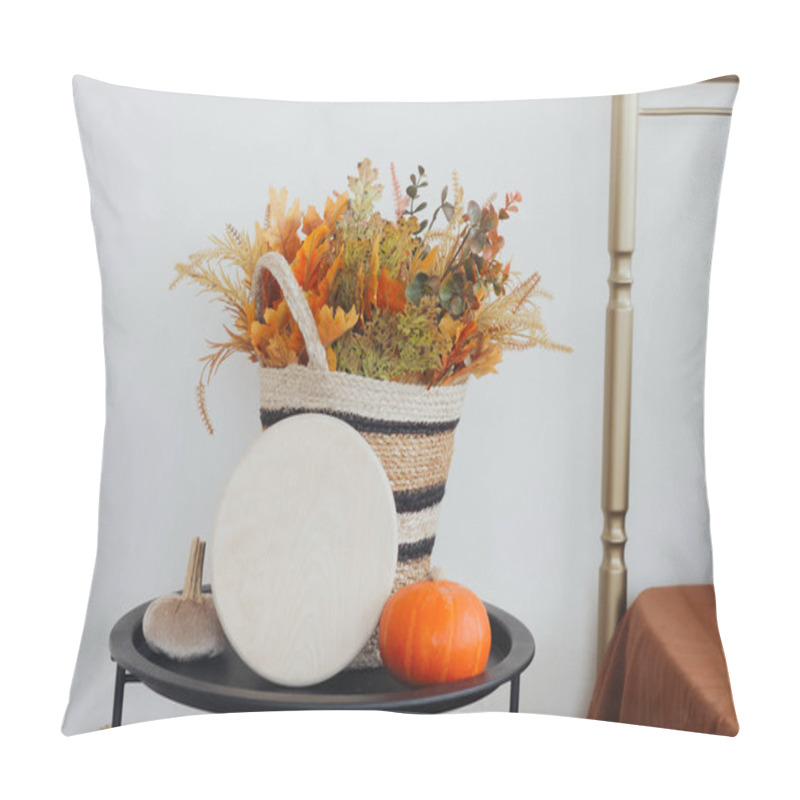 Personality  A Decorative Basket Filled With Autumn Leaves And Flowers Sits Next To A Pumpkin On A Table. Pillow Covers