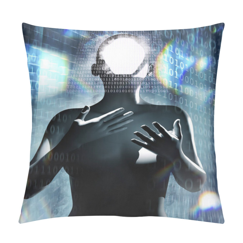 Personality  3d Render Illustration Of Female Robot Figure Standing On Binary Code Cyberspace Background. Pillow Covers