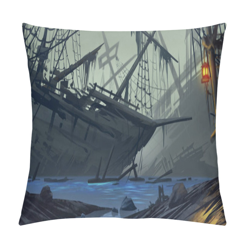 Personality  Stranded Ship. Ghost Ship. Fiction Backdrop. Concept Art. Realistic Illustration. Video Game Digital CG Artwork. Nature Scenery. Pillow Covers