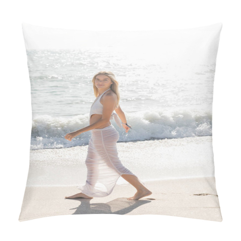 Personality  A Young, Beautiful Blonde Woman Strolls Peacefully Along The Sandy Shores Of Miami Beach Next To The Vast Ocean Waves. Pillow Covers