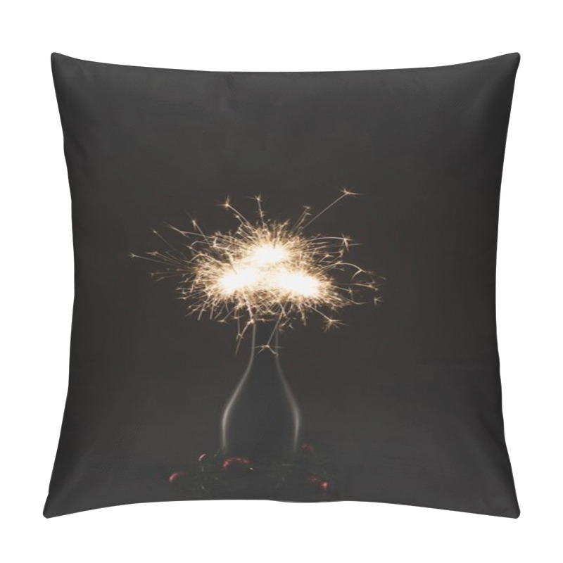 Personality  Close Up View Of Burning Sparklers In Bottle And Christmas Balls Isolated On Black Pillow Covers