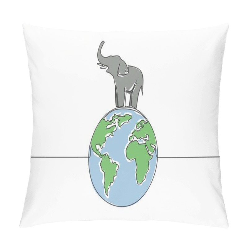 Personality  Continuous One Line Drawing Globe With Elephant On Top. Stop Poaching Ivory As Souvenirs. Irresponsible Action. Comfortable Habitat. World Wildlife Day. Single Line Draw Design Vector Illustration Pillow Covers