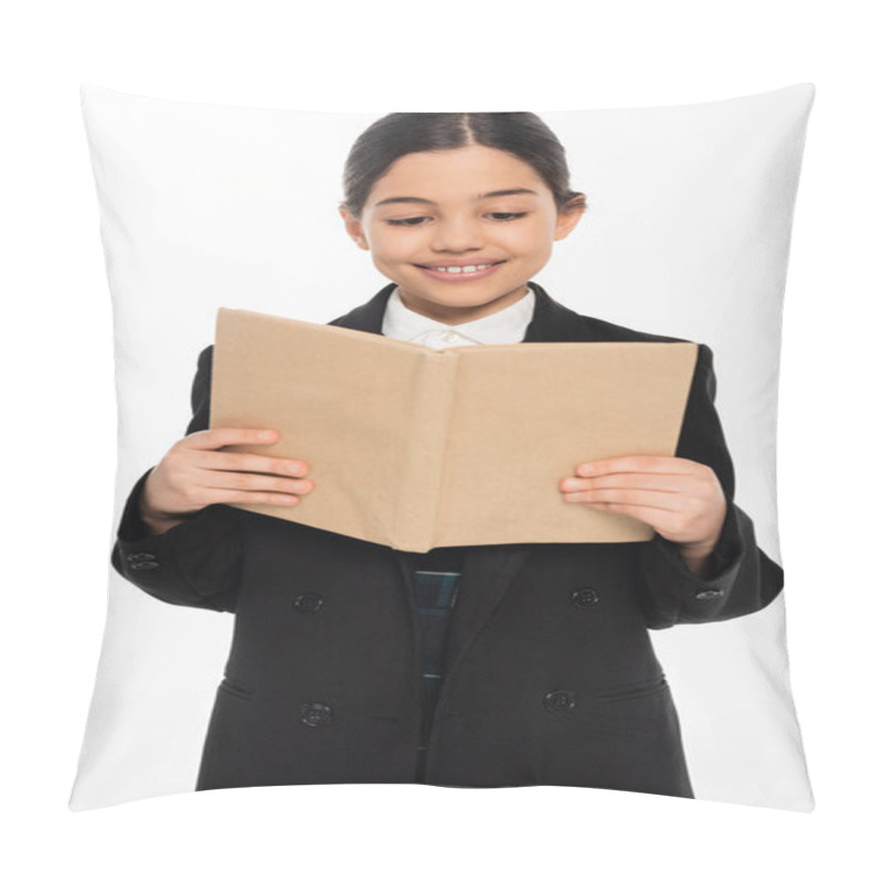 Personality  Happy Schoolgirl In Uniform Reading Book, Student With Brunette Hair Isolated On White, Smart Girl Pillow Covers