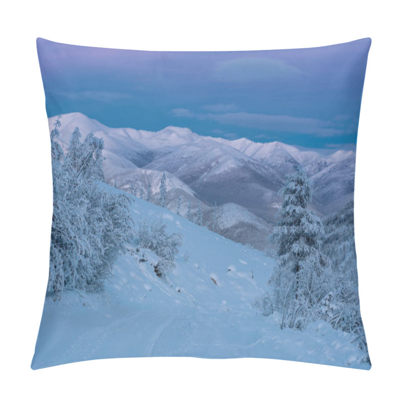 Personality  Evening Landscape Of Snow-capped Mountains And Trees. Trees Covered With Snow With Pink Clouds In The Coldest Place On Earth - Oymyakon. Pillow Covers