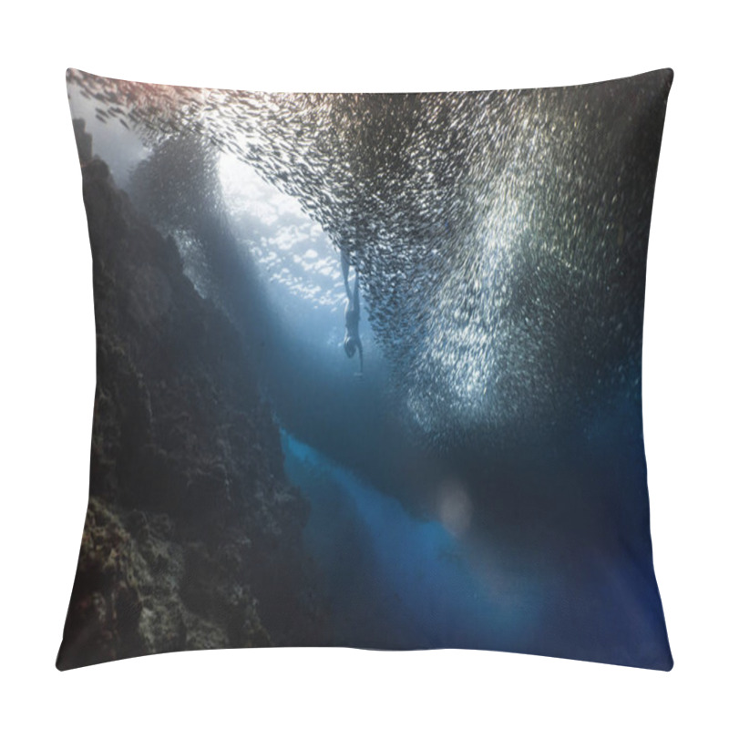 Personality  Free Diving With A Massive School Of Sardines In An Underwater Cliff Pillow Covers