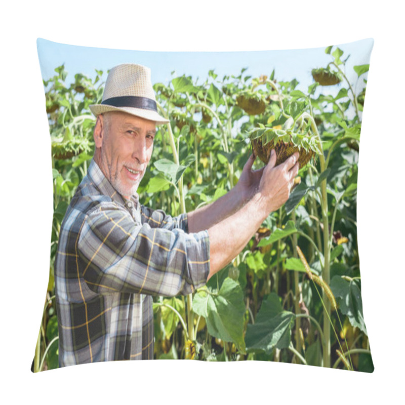 Personality  Happy Self-employed Man Touching Sunflower In Field  Pillow Covers