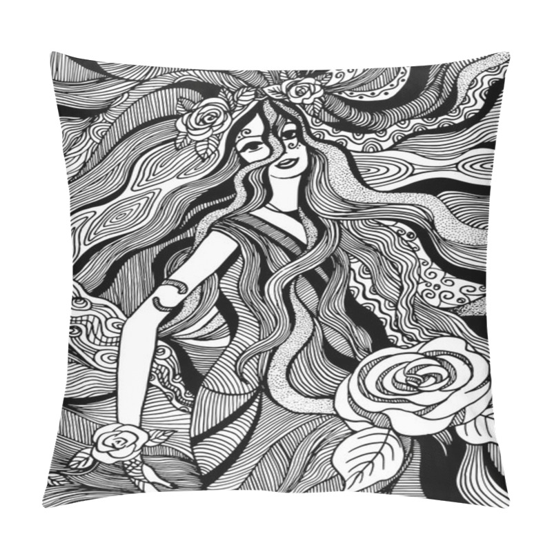 Personality  Vector Hand Drawn Girl With Flowers Pillow Covers