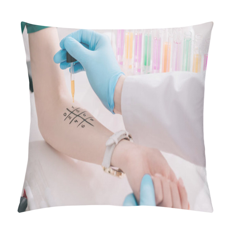 Personality  Cropped View Of Doctor In Latex Gloves Holding Pipette With Liquid Near Female Hand Pillow Covers