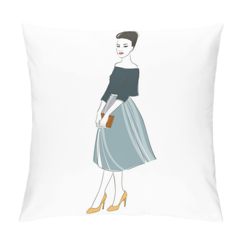 Personality  Beautiful Dark Hair Young Women In Blouse, High Heel Shoes And Midi Skirt With Handbag With. Hand Drawn Illustration. Pillow Covers