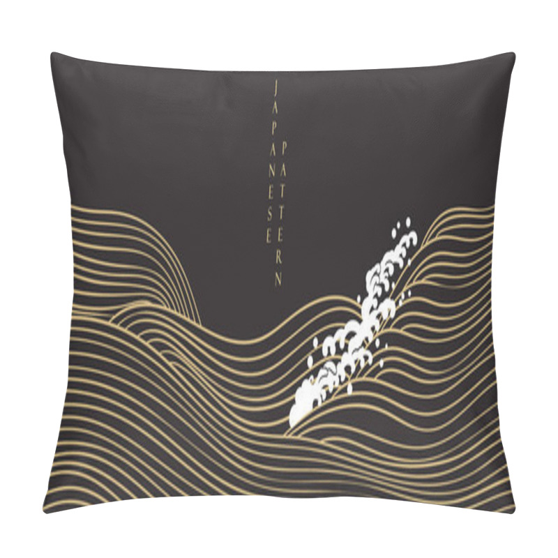 Personality  Abstract Landscape With Gold Japanese Wave Pattern Vector. Nature Art Black Background With Chinese Wave Banner Design Style. Pillow Covers