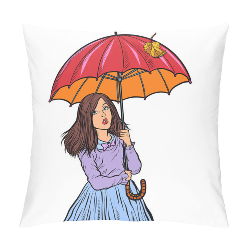 Personality  Autumn. Girl With Umbrella Pillow Covers