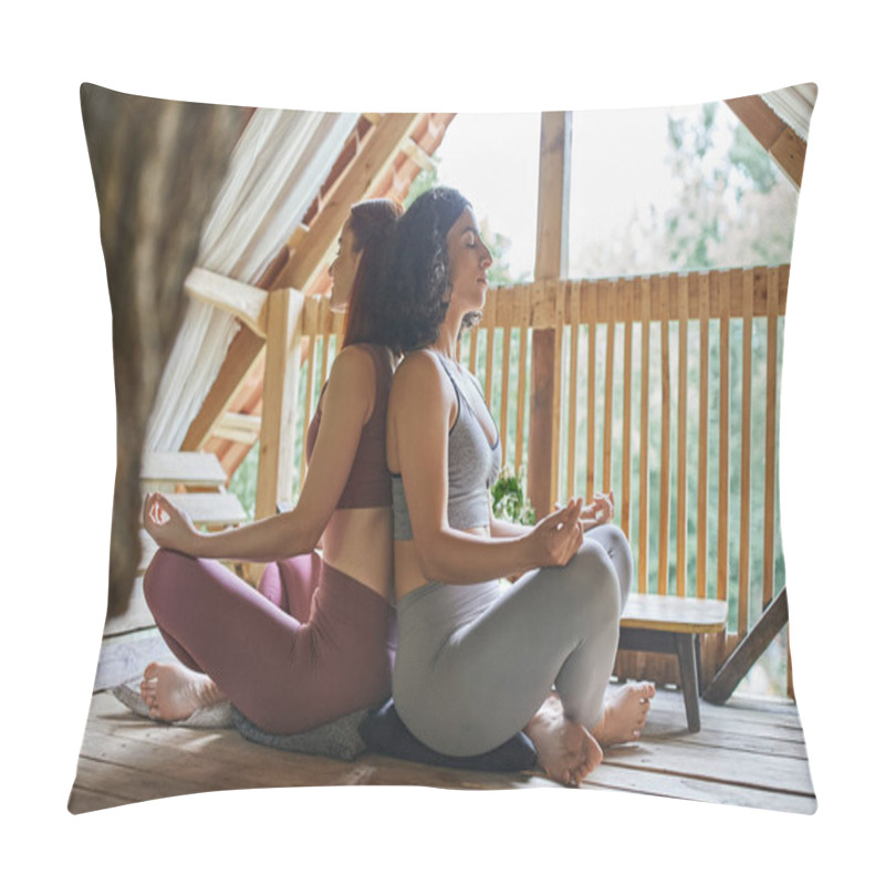 Personality  Multiethnic Girlfriends In Sportswear Meditating In Lotus Pose, Sitting Back To Back Pillow Covers