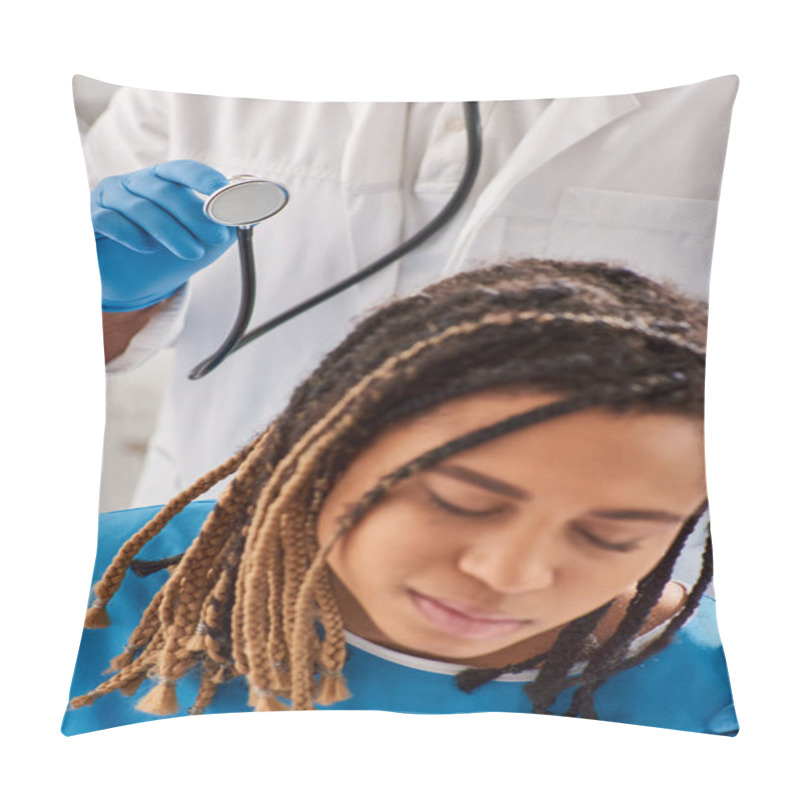 Personality  Focus On Doctor Checking Breath Of His Blurred African American Patient In Hospital Ward, Healthcare Pillow Covers