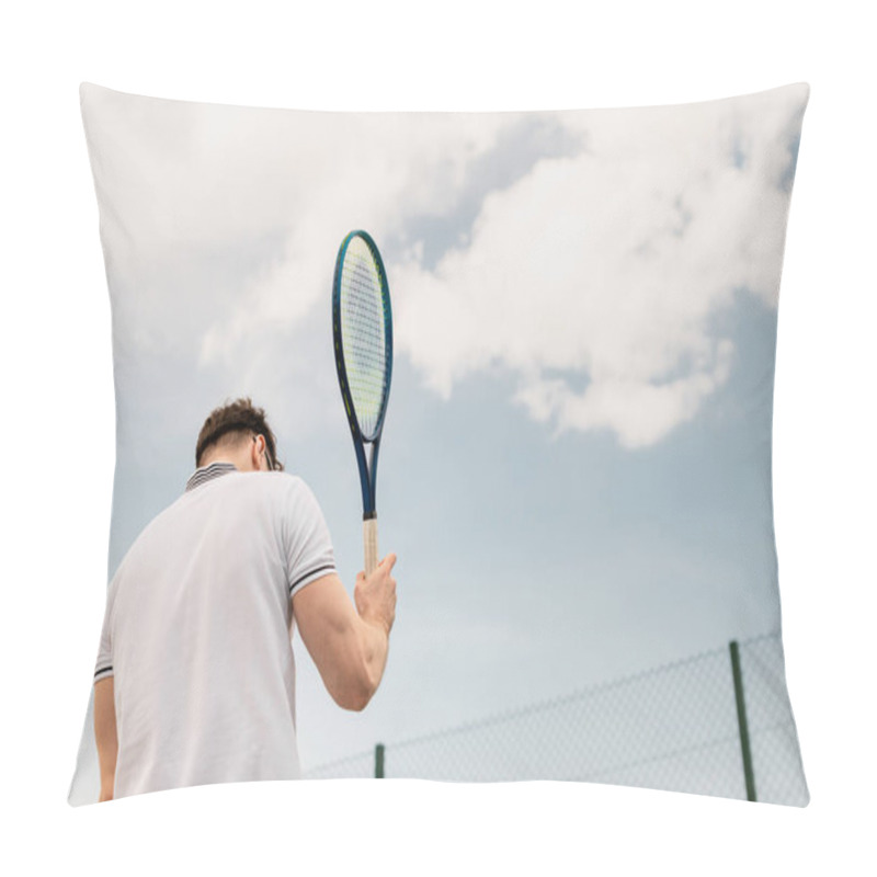 Personality  Back View Of Sportive Man Holding Tennis Racket On Court Against Sky, Motivation, Sport Pillow Covers