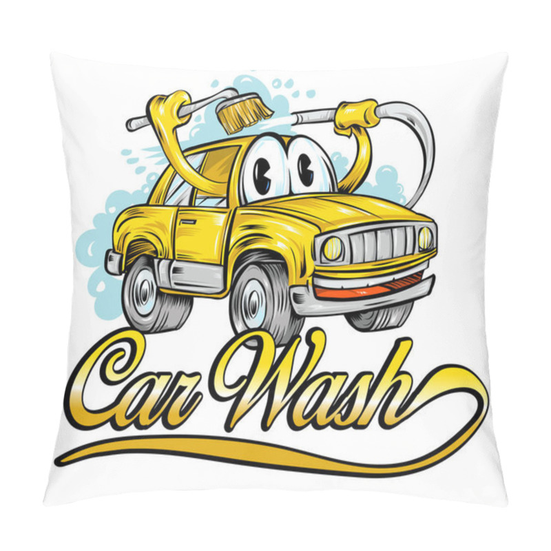 Personality  Yellow Car Wash Cartoon. Vector Illustration Pillow Covers