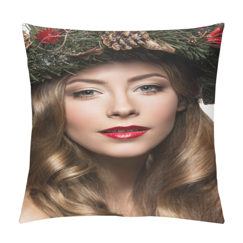 Personality  Beautiful Girl With A Wreath Of Christmas Tree Branches And Cones. New Year Image. Beauty Face. Pillow Covers