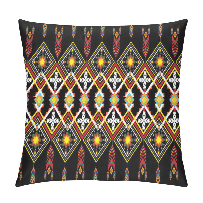 Personality  Geometric Ethnic Pattern Oriental Design On Dark Midnight Navy Background. Traditional Geometry Abstract With Pink, White, Yellow, Green Color For Wallpaper Handcraft, Carpet, Clothing, Fabric Design. Pillow Covers