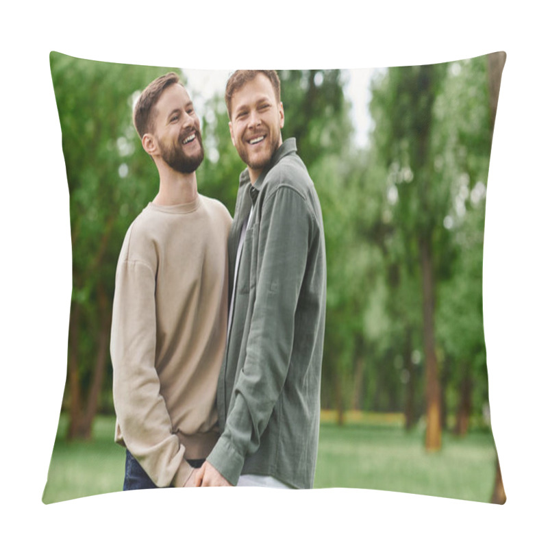 Personality  Two Bearded Men, An LGBTQ Couple, Laugh Together In A Green Park On A Sunny Day. Pillow Covers