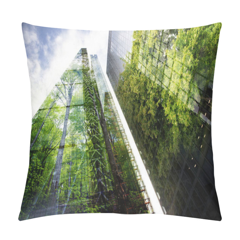 Personality  Green City - Double Exposure Of Lush Green Forest And Modern Skyscrapers Windows Pillow Covers