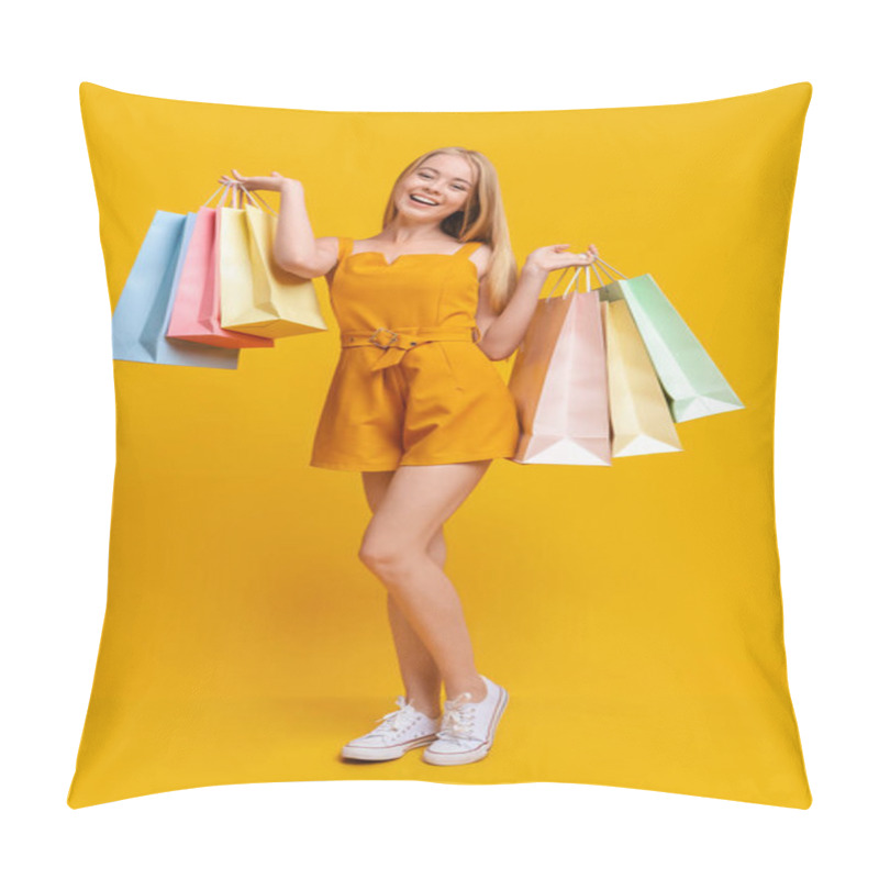 Personality  Teen Fashion. Pretty Young Girl With Lots Of Bright Shopping Bags Pillow Covers