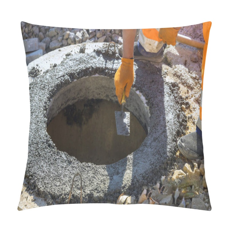 Personality  Fresh Concrete Is Applied To Fasten Blocks Forming Upper Boundary Of Manhole For Underground Infrastructure Well Pillow Covers