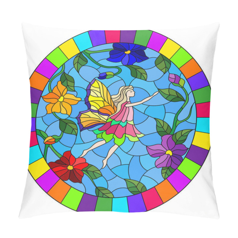 Personality  Illustration In Stained Glass Style With A Winged Fairy In The Sky,bright  Flowers And Greenery,oval Image In Bright Frame Pillow Covers