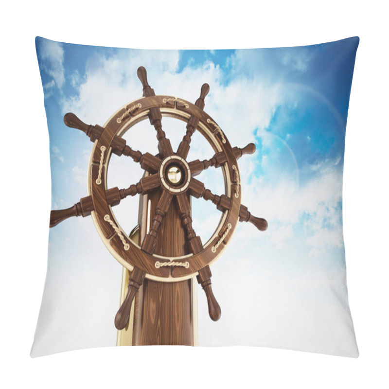 Personality  Ship Wheel Against Blue Sky Background. 3D Illustration. Pillow Covers