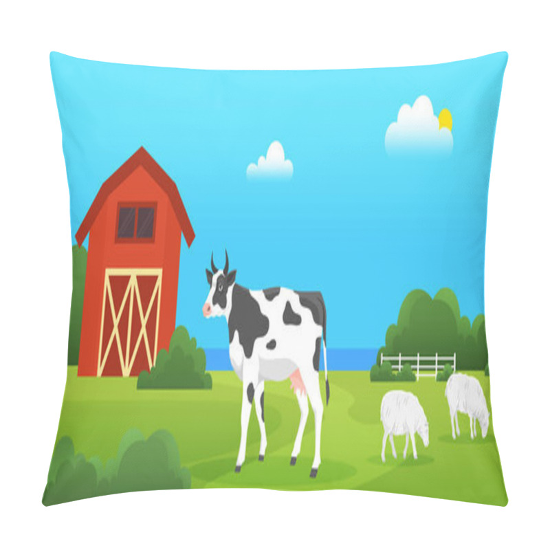 Personality  Farmyard, Ecological Farm With Animals. Cow And Sheeps Graze In Meadow. Livestock On Background Of Field And Barn. Organic Farming, Traditional Agriculture Concept. Farm Landscape With Cowshed Pillow Covers