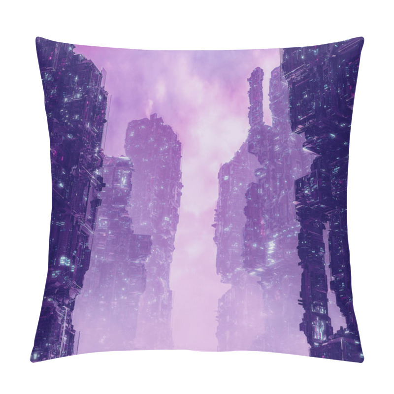 Personality  Cyberpunk Metropolis Dawn / 3D Illustration Of Dark Futuristic Science Fiction City At Sunrise Pillow Covers