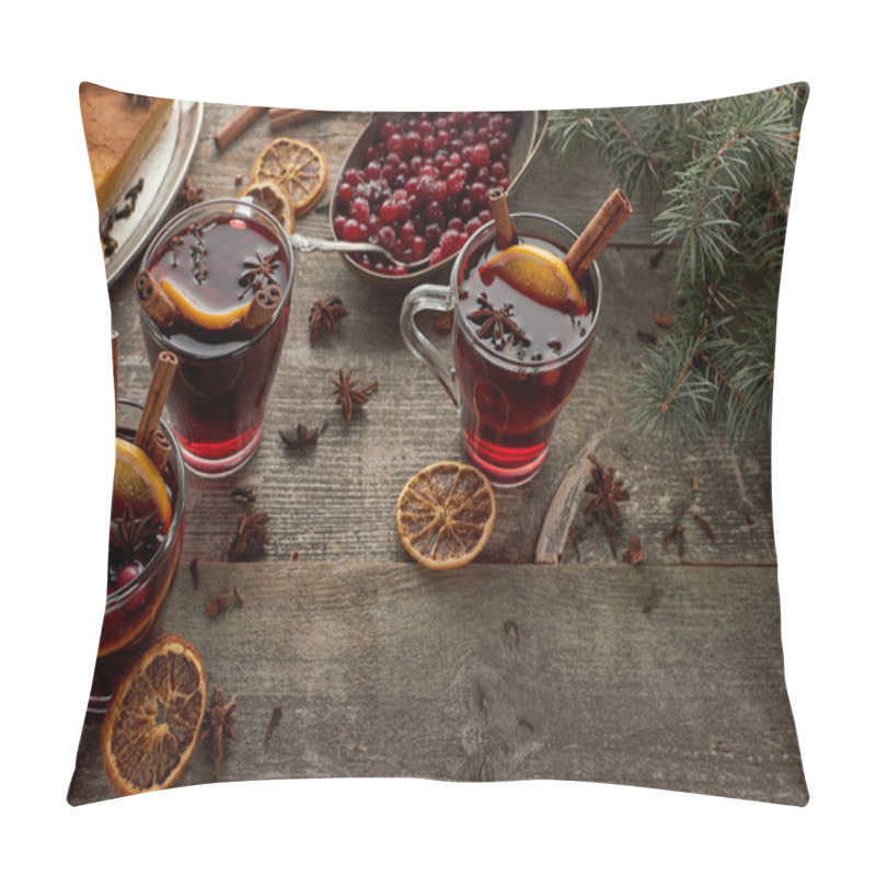 Personality  Red Spiced Mulled Wine Near Fir Branch, Berries, Anise, Orange Slices And Cinnamon On Wooden Rustic Table Pillow Covers