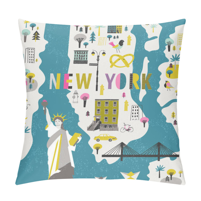 Personality  Cartoon Map Of New York With Legend Icons Pillow Covers