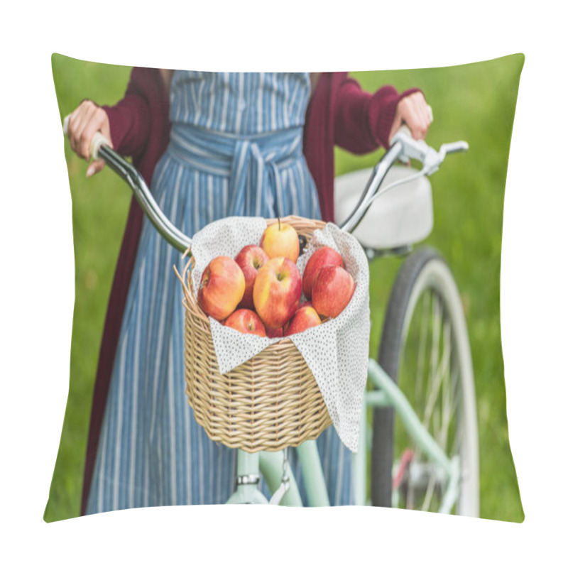 Personality  Cropped View Of Girl With Wicker Basket Full Of Apples On Bicycle Pillow Covers