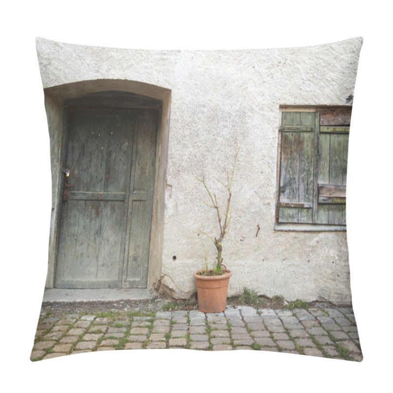 Personality  Frontal View Of An Old House Facade With Door,closed Shutters And Pots Standing In Front Of It On A Cobbled Lane. Pillow Covers