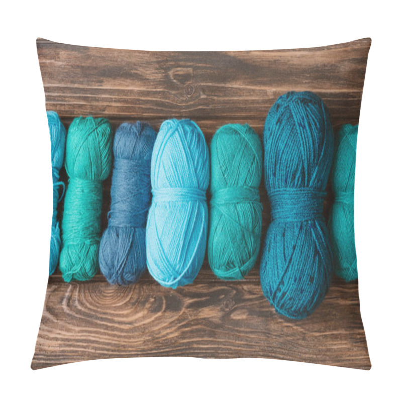 Personality  Top View Of Green And Blue Knitting Yarn Clews On Wooden Surface Pillow Covers